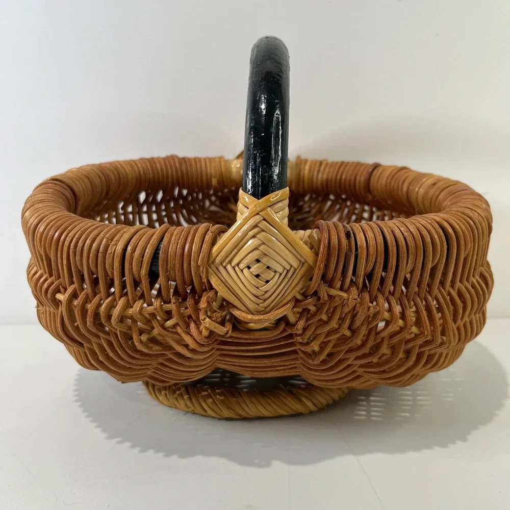 Vintage Woven Wicker Egg Basket Home Brown Black Handle Boho Cottage Farmhouse
